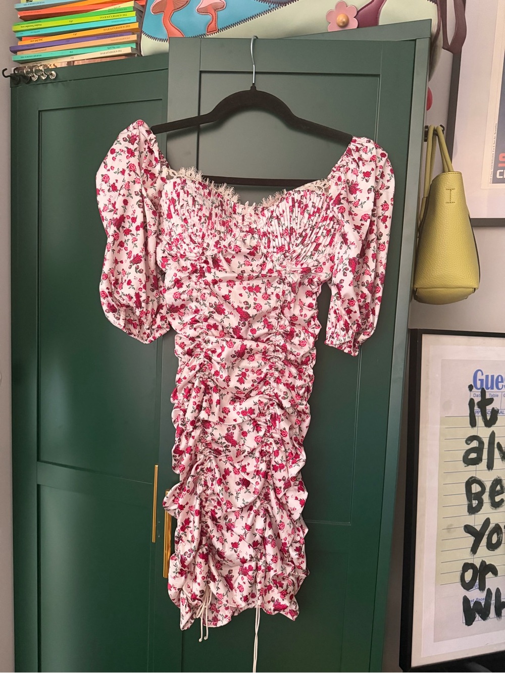 For Love & Lemons White and Pink Floral Ruched Midi Dress